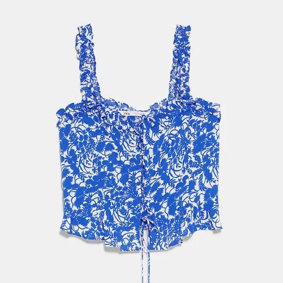 Zara Blue Floral Print Lace Up Tie Sleeveless Ruffle Strap Crop Tank Top Size S - Picture 9 of 9